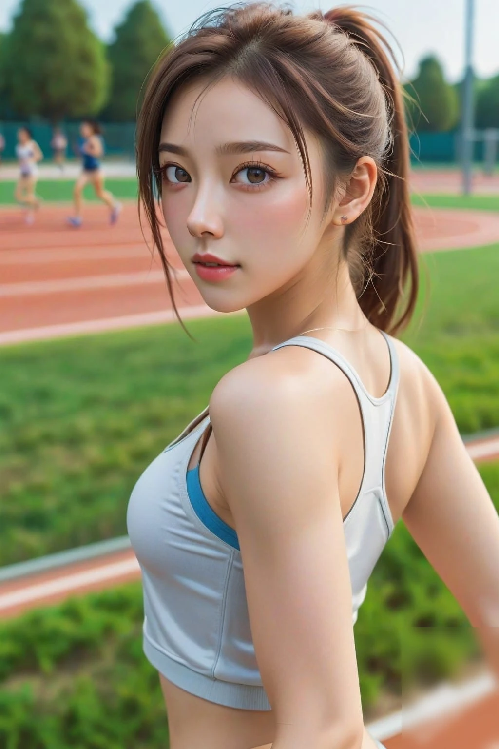 运动健身的少女，轻薄衣衫下的曼妙曲线，在田径场上展现青春活力与性感魅力