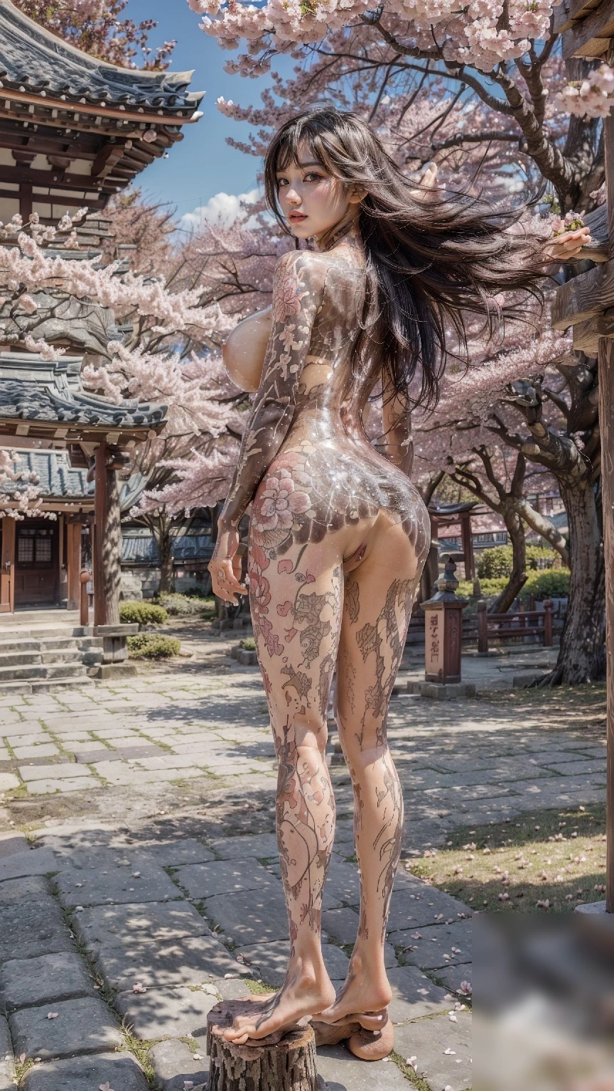 京都樱花树下艺伎美咲的春日纹身写真